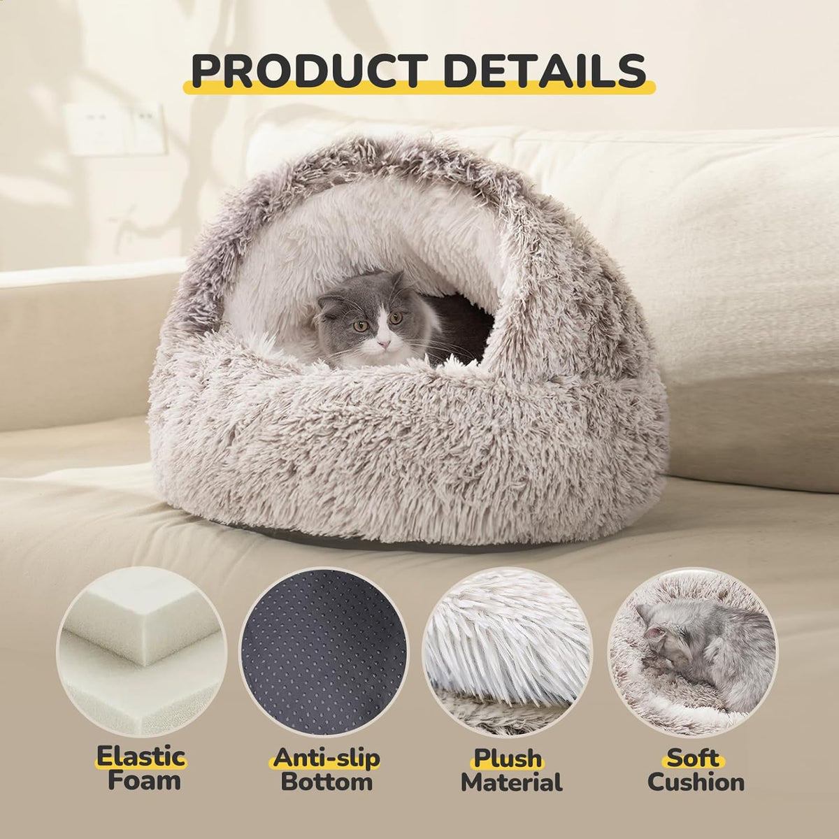 Large Cat Cave Bed Igloo Warm Washable Pet House 53X53Cm Coffee