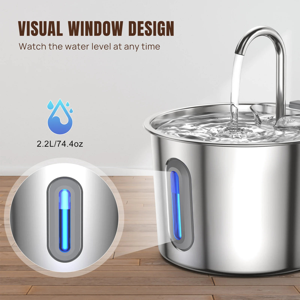 Cat Fountain Stainless Steel Drinking Fountain for Cat 2.2L Quiet Cat Center Drinking Fountain for Dogs with Water Level Window