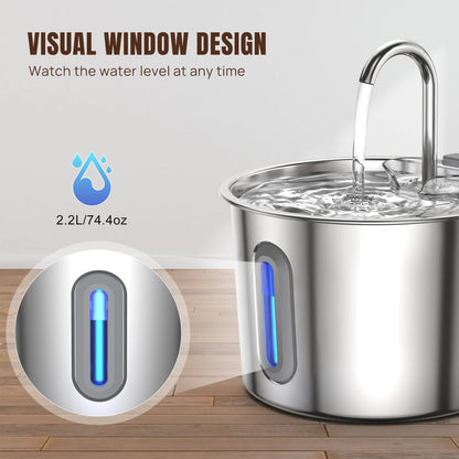 Cat Fountain Stainless Steel Drinking Fountain for Cat 2.2L Quiet Cat Center Drinking Fountain for Dogs with Water Level Window