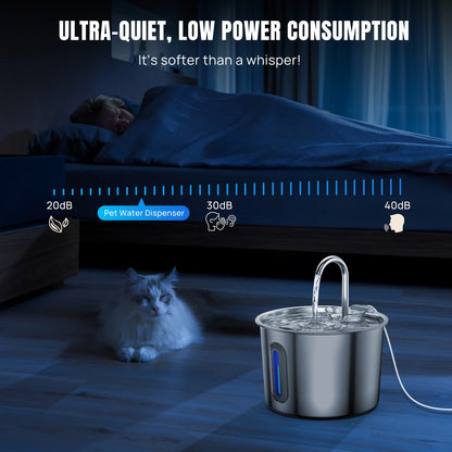 Cat Fountain Stainless Steel Drinking Fountain for Cat 2.2L Quiet Cat Center Drinking Fountain for Dogs with Water Level Window