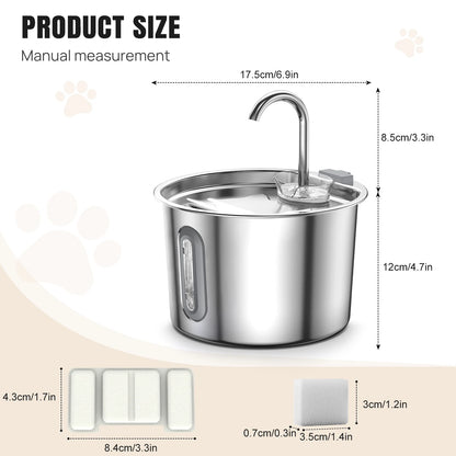 Cat Fountain Stainless Steel Drinking Fountain for Cat 2.2L Quiet Cat Center Drinking Fountain for Dogs with Water Level Window